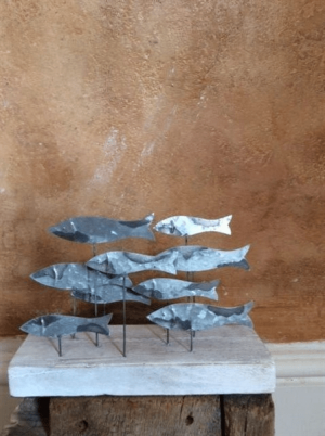 Silver Metal Fish on Short Wooden Base