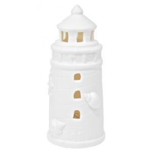 The Porcelain LED Lighthouse features white ceramic construction with small cut-out windows and seashell decorations.