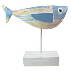 The Wooden effect Resin Fish on Stand features a blue and beige stylised design with a single round eye on a white base - ideal as a unique nautical gift or nautical-themed décor.