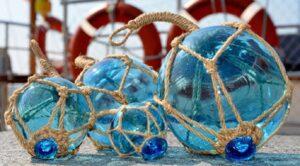 Set of Four Turquoise Glass Fishing Floats