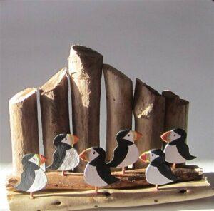 Six Puffins with Driftwood Groynes